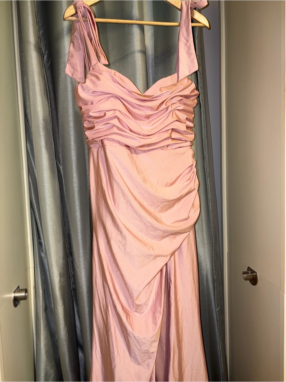 Fashion Nova Blush Pink Ruched Maxi Dress with Tie Straps and Slit